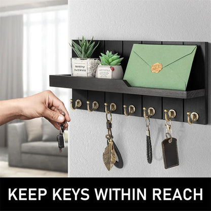 Wood Key Holder Wall Shelf Organizer Hook Rack Entryway Storage