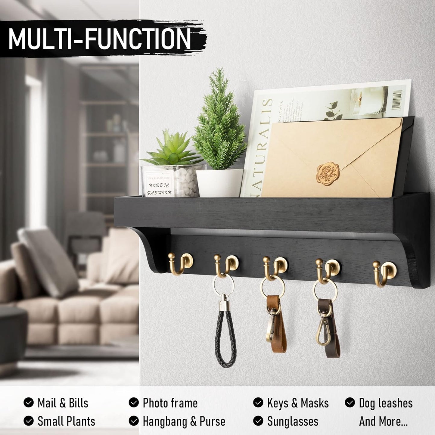 Wood Key Holder Wall Shelf Organizer Hook Rack Entryway Storage