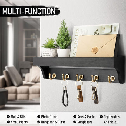 Wood Key Holder Wall Shelf Organizer Hook Rack Entryway Storage