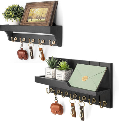 Wood Key Holder Wall Shelf Organizer Hook Rack Entryway Storage