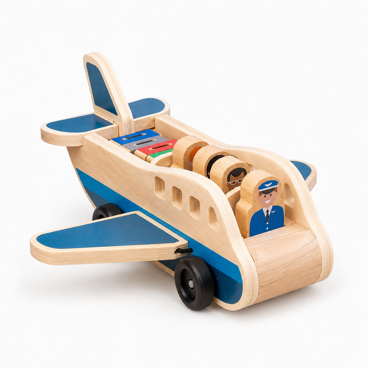 Wooden Airplane Push Pull Toy with Pilot and Passenger Figures