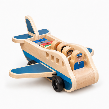 Wooden Airplane Push Pull Toy with Pilot and Passenger Figures