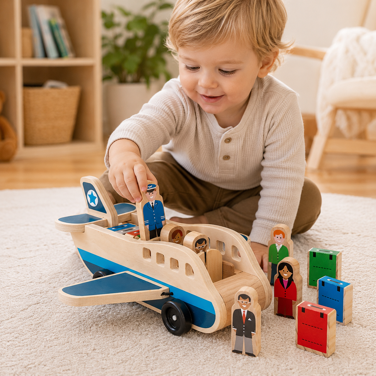 Wooden Airplane Push Pull Toy with Pilot and Passenger Figures