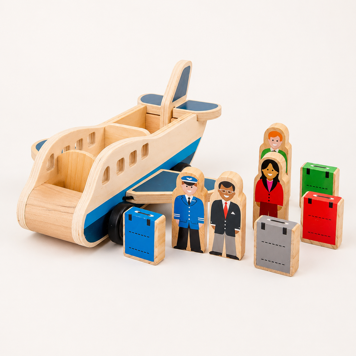 Wooden Airplane Push Pull Toy with Pilot and Passenger Figures