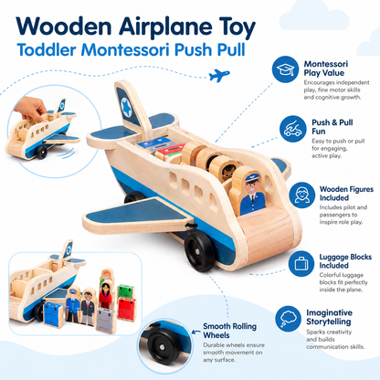 Wooden Airplane Push Pull Toy with Pilot and Passenger Figures