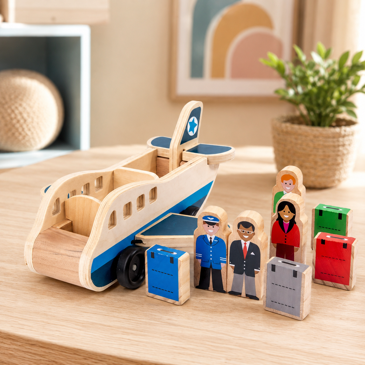 Wooden Airplane Push Pull Toy with Pilot and Passenger Figures