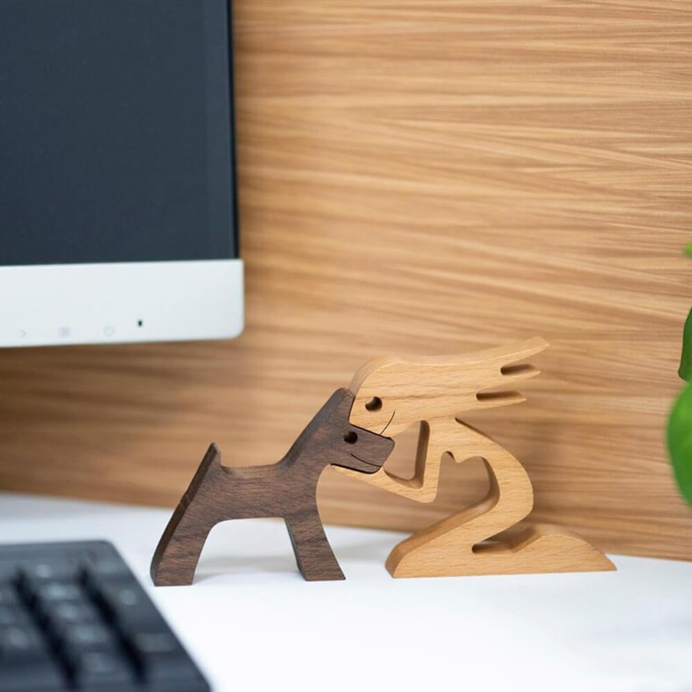Wooden Human Dog Sculpture Hand Carved Home Decor Ornament