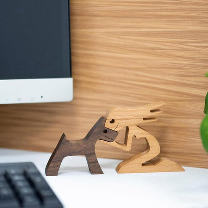 Wooden Human Dog Sculpture Hand Carved Home Decor Ornament