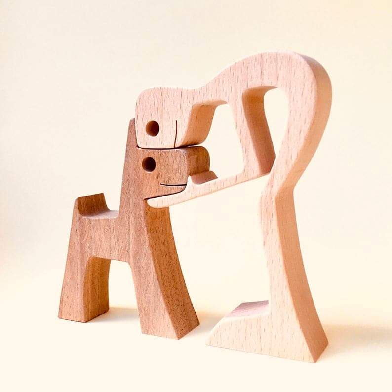 Wooden Human Dog Sculpture Hand Carved Home Decor Ornament
