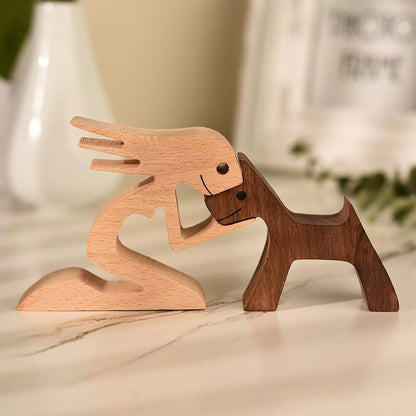 Wooden Human Dog Sculpture Hand Carved Home Decor Ornament