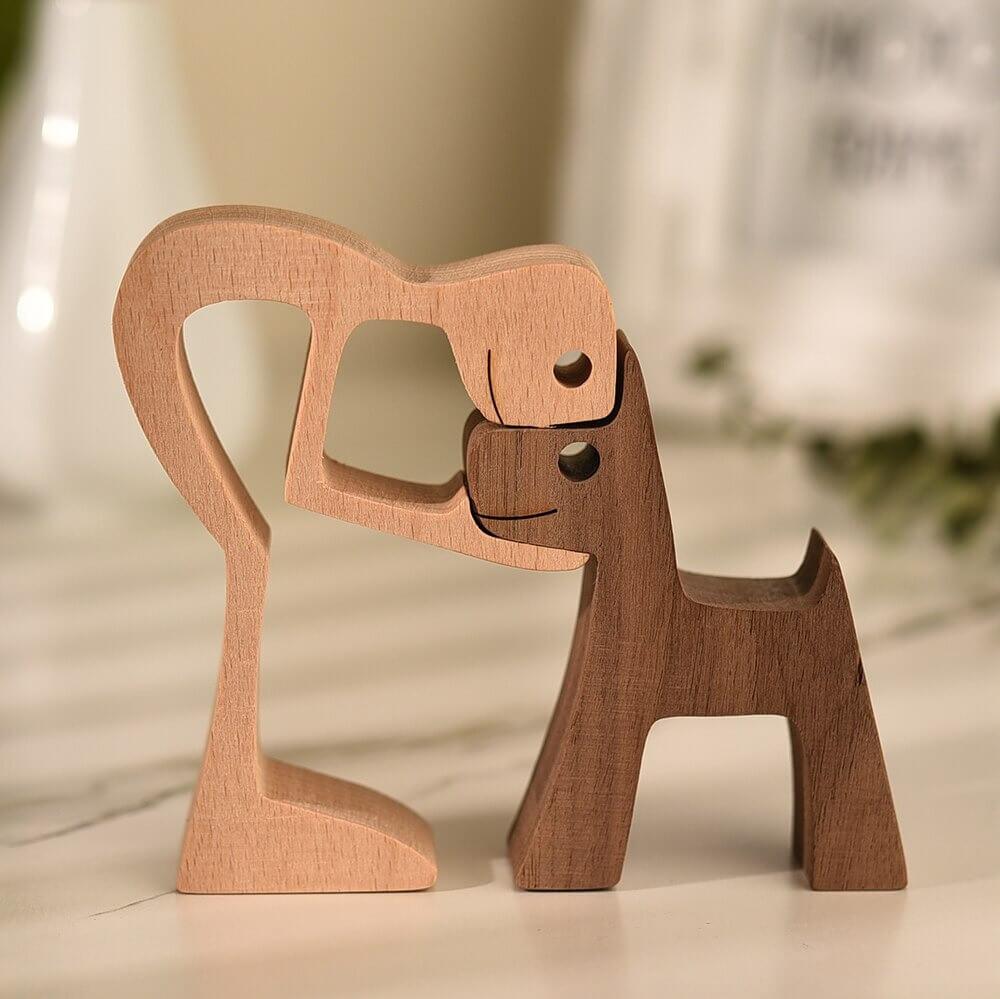 Wooden Human Dog Sculpture Hand Carved Home Decor Ornament
