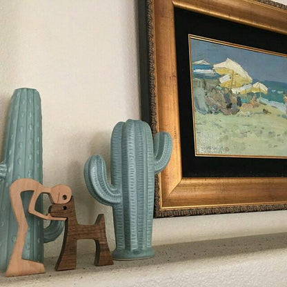 Wooden Human Dog Sculpture Hand Carved Home Decor Ornament