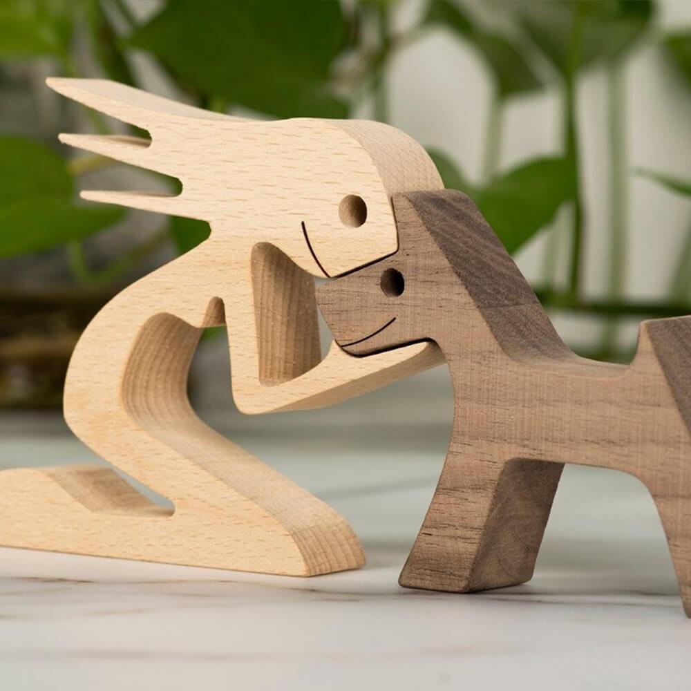 Wooden Human Dog Sculpture Hand Carved Home Decor Ornament