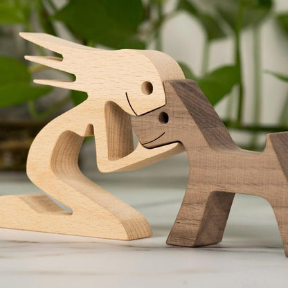 Wooden Human Dog Sculpture Hand Carved Home Decor Ornament