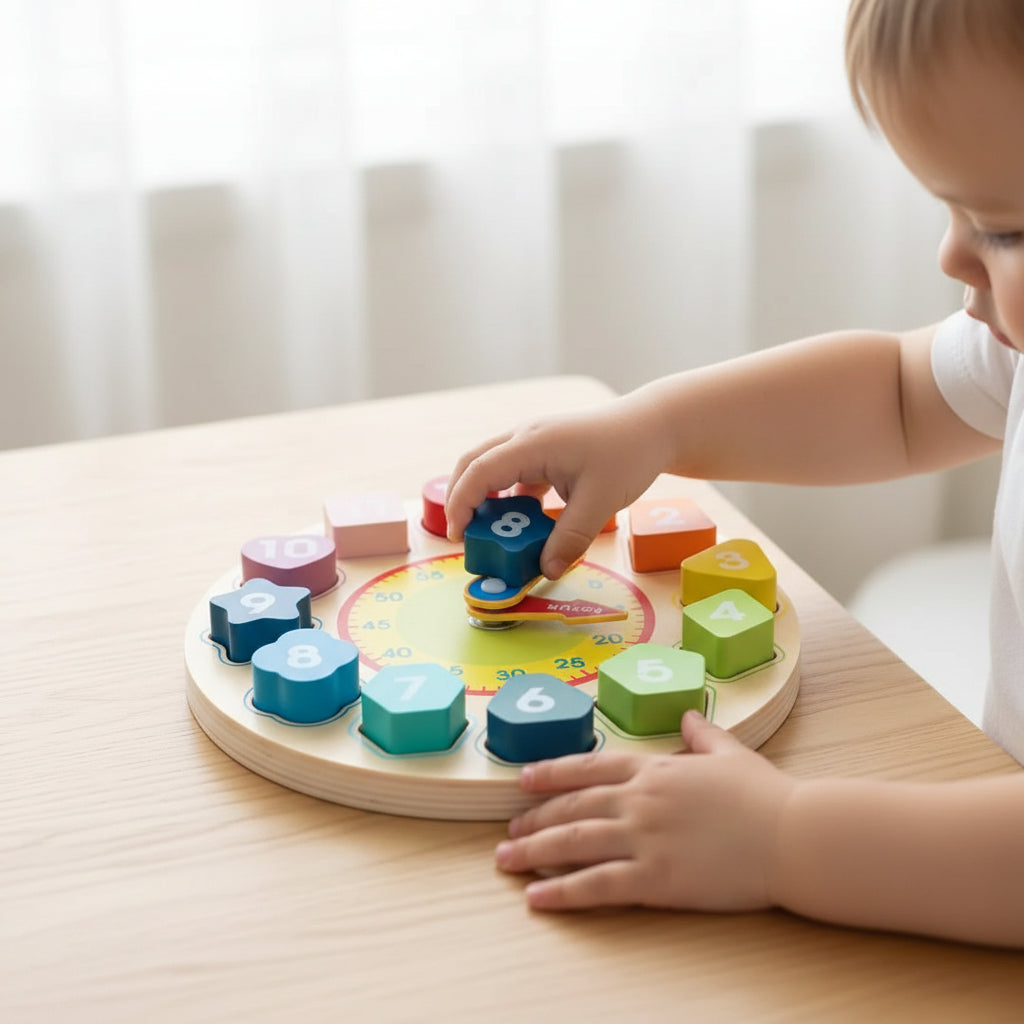 Wooden Learning Clock Puzzle Toy with Colorful Numbers for Toddlers