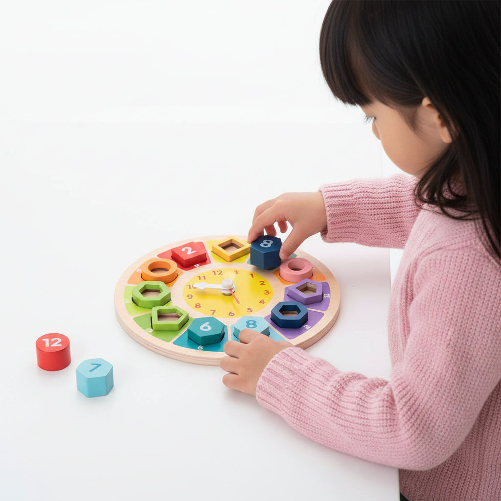 Wooden Learning Clock Puzzle Toy with Colorful Numbers for Toddlers