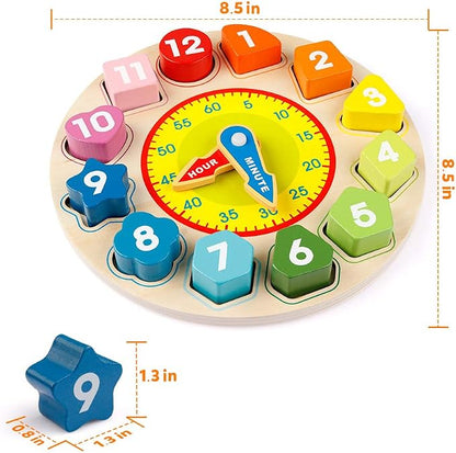 Wooden Learning Clock Puzzle Toy with Colorful Numbers for Toddlers