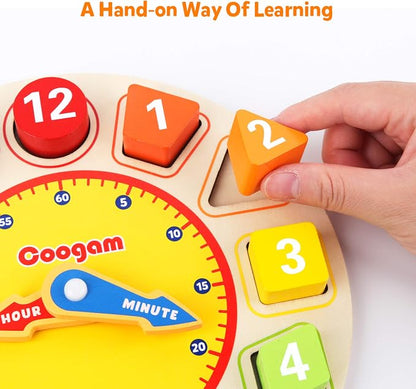 Wooden Learning Clock Puzzle Toy with Colorful Numbers for Toddlers