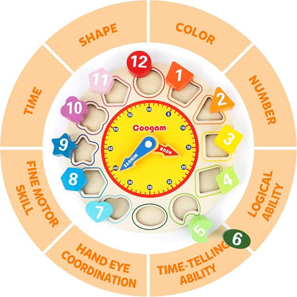 Wooden Learning Clock Puzzle Toy with Colorful Numbers for Toddlers