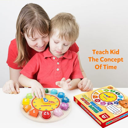 Wooden Learning Clock Puzzle Toy with Colorful Numbers for Toddlers