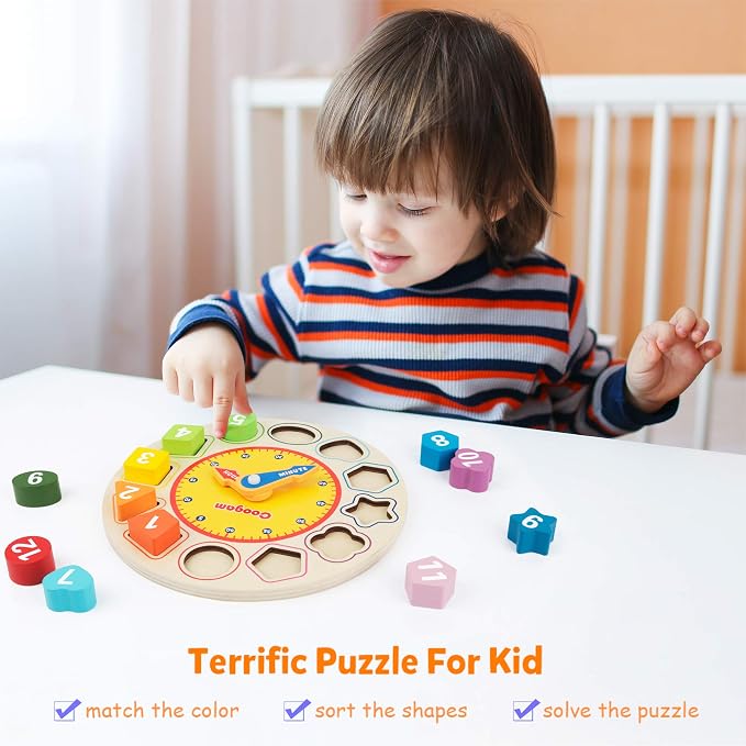 Wooden Learning Clock Puzzle Toy with Colorful Numbers for Toddlers