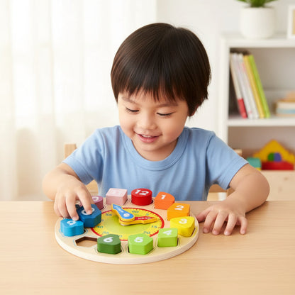 Wooden Learning Clock Puzzle Toy with Colorful Numbers for Toddlers