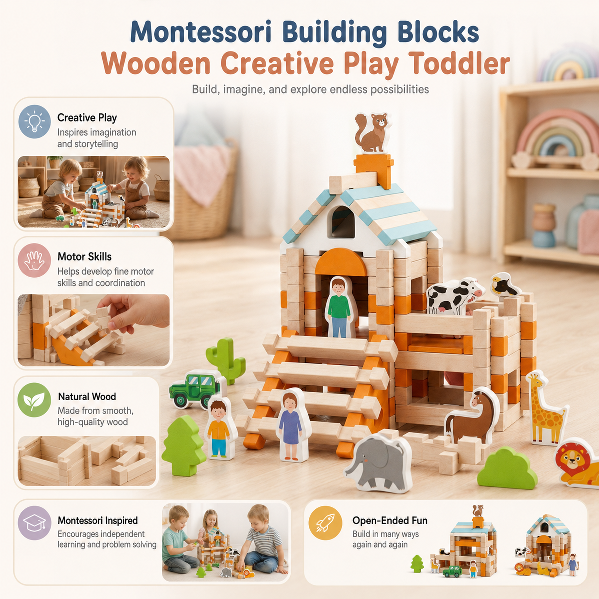 Wooden Montessori Building Blocks for Creative Toddler Play