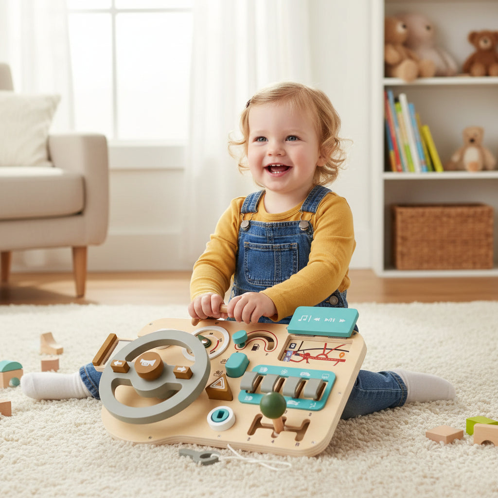 Wooden Steering Wheel Activity Toy for Toddlers Pretend Driving Play
