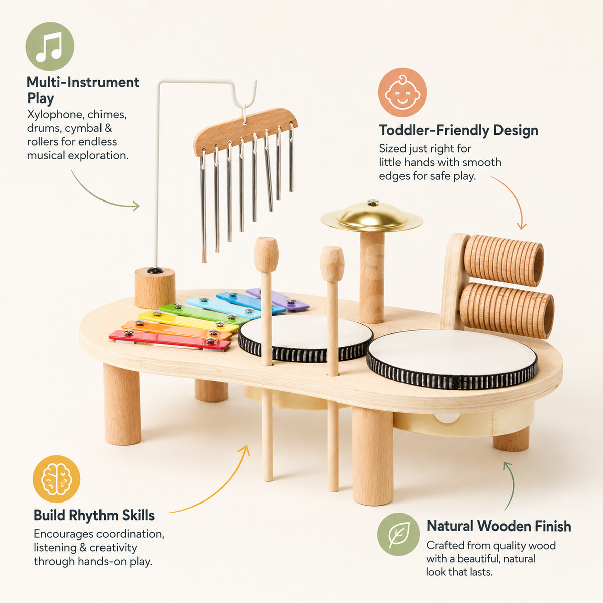 Wooden Toddler Musical Instrument Set with Drum Xylophone and Chimes