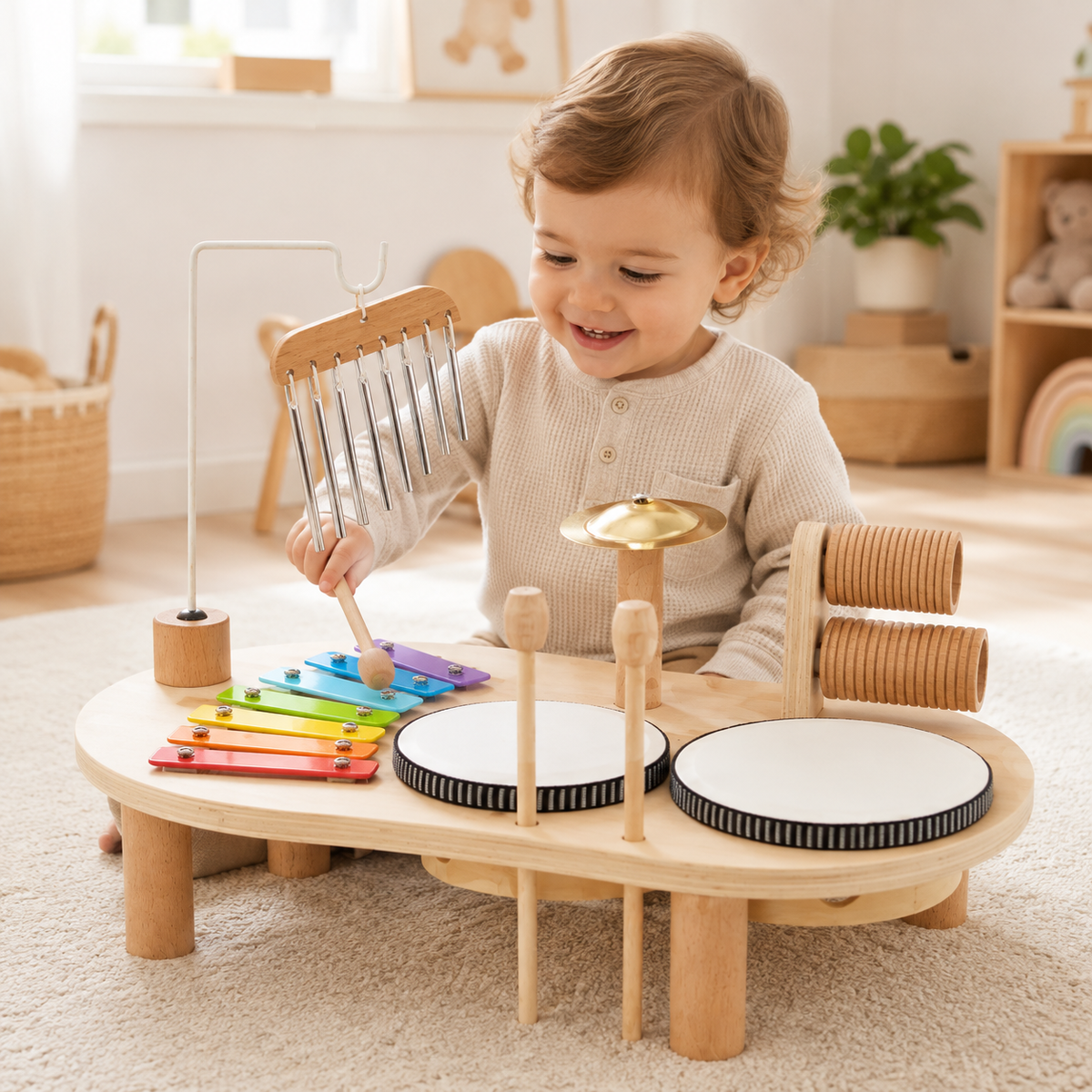 Wooden Toddler Musical Instrument Set with Drum Xylophone and Chimes