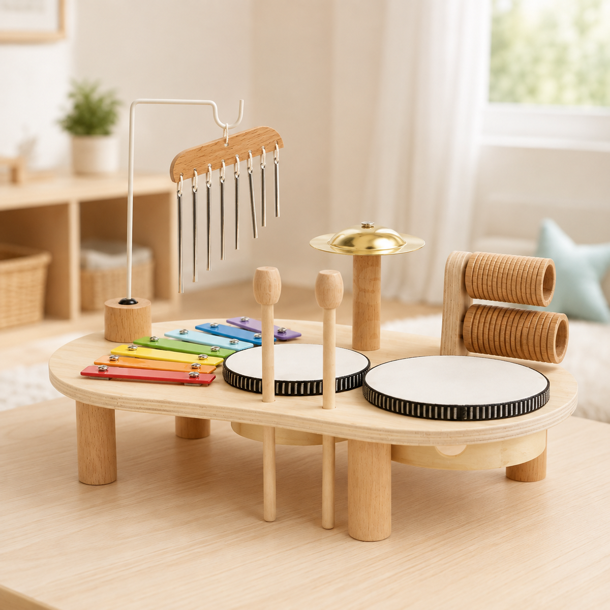 Wooden Toddler Musical Instrument Set with Drum Xylophone and Chimes