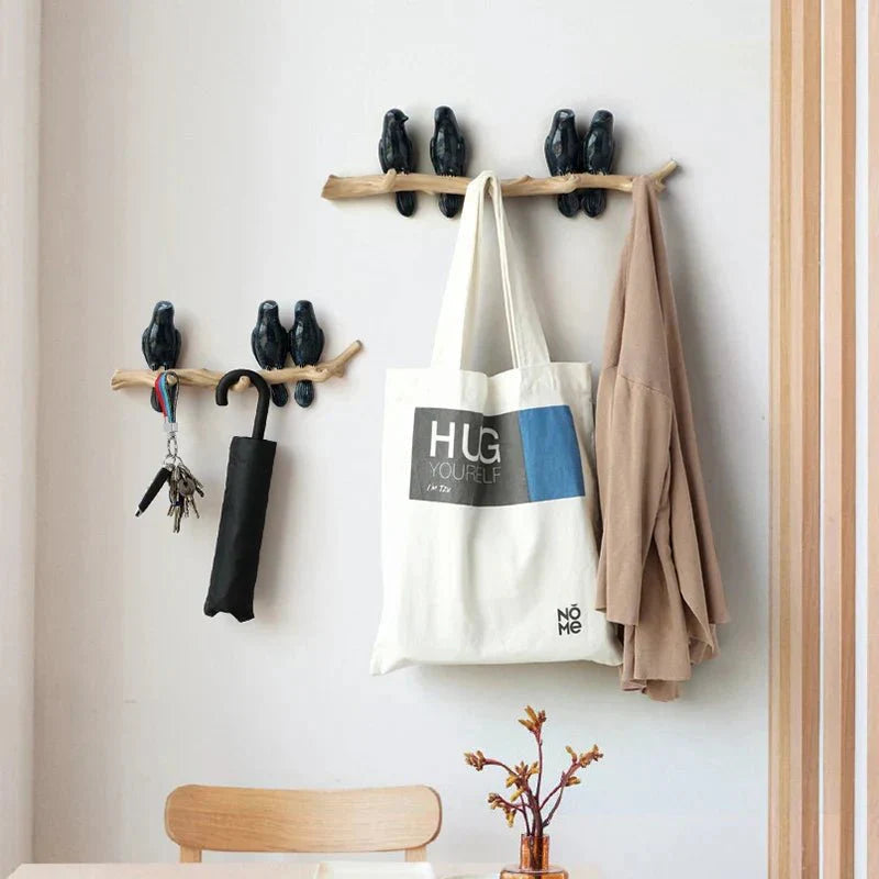 Wooden Wall Coat Rack Bird Design Decorative Hooks For Jackets Bags Hats