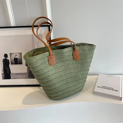 Woven Straw Shoulder Tote Bag Rustic Summer Beach Handbag