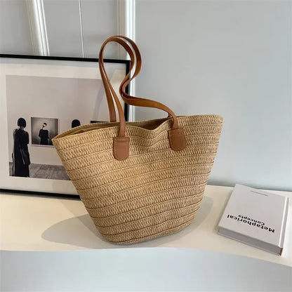 Woven Straw Shoulder Tote Bag Rustic Summer Beach Handbag