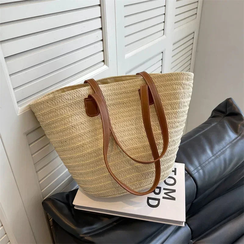 Woven Straw Shoulder Tote Bag Rustic Summer Beach Handbag