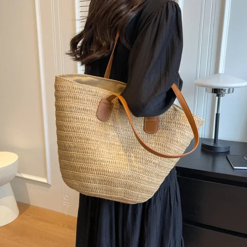 Woven Straw Shoulder Tote Bag Rustic Summer Beach Handbag