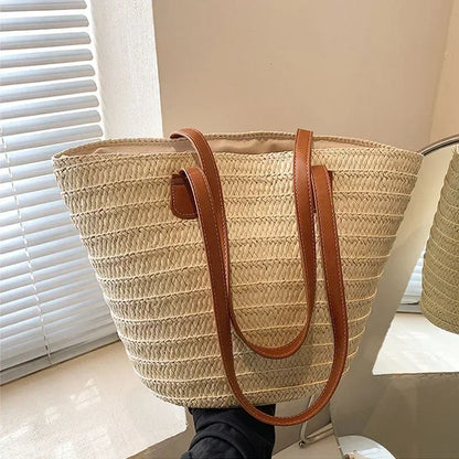 Woven Straw Shoulder Tote Bag Rustic Summer Beach Handbag