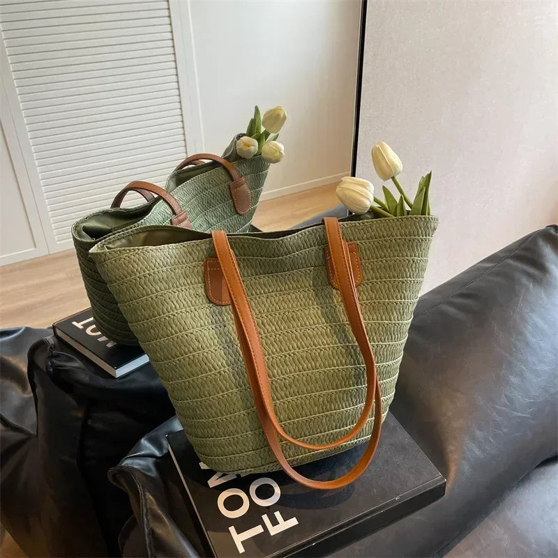 Woven Straw Shoulder Tote Bag Rustic Summer Beach Handbag
