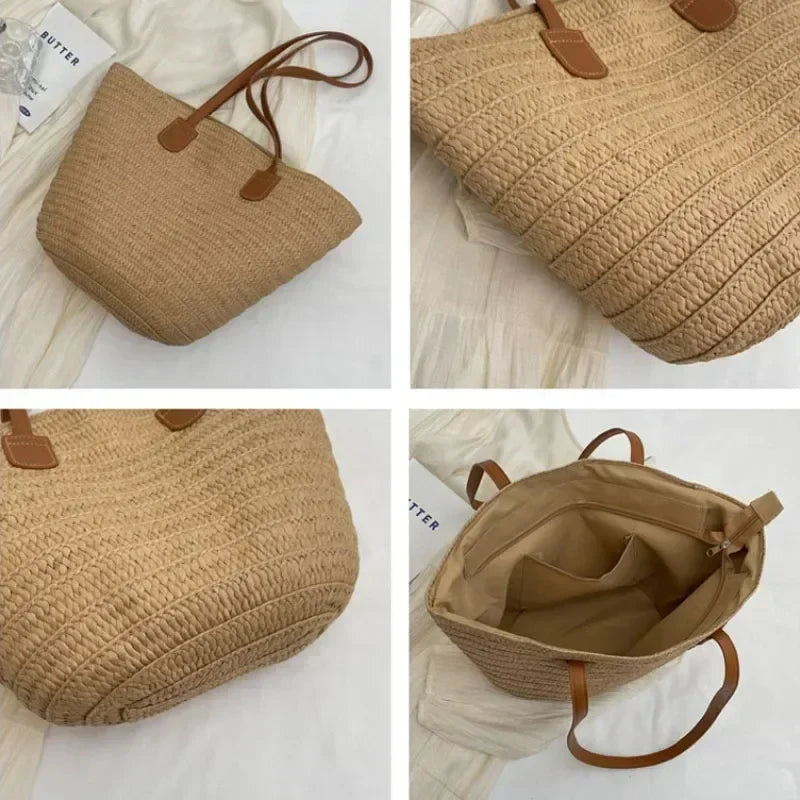Woven Straw Shoulder Tote Bag Rustic Summer Beach Handbag