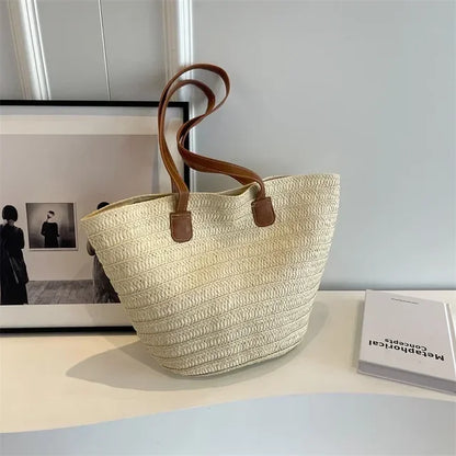 Woven Straw Shoulder Tote Bag Rustic Summer Beach Handbag