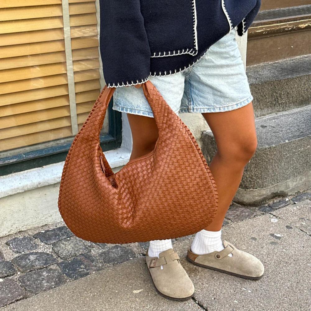 Woven Vegan Leather Handbag Large Capacity Shoulder Tote