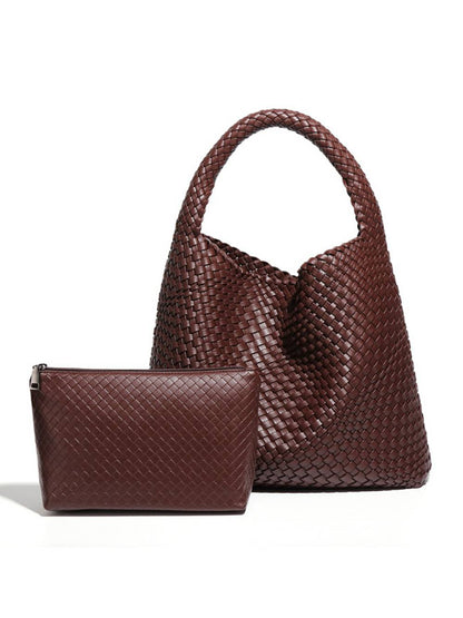 Woven Vegan Leather Shoulder Bag Chic Everyday Tote Handbag
