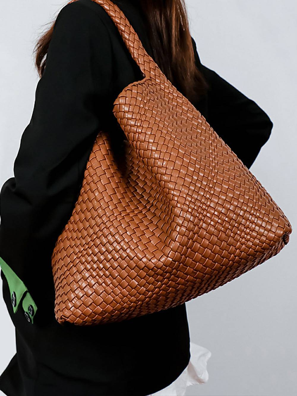 Woven Vegan Leather Shoulder Bag Chic Everyday Tote Handbag