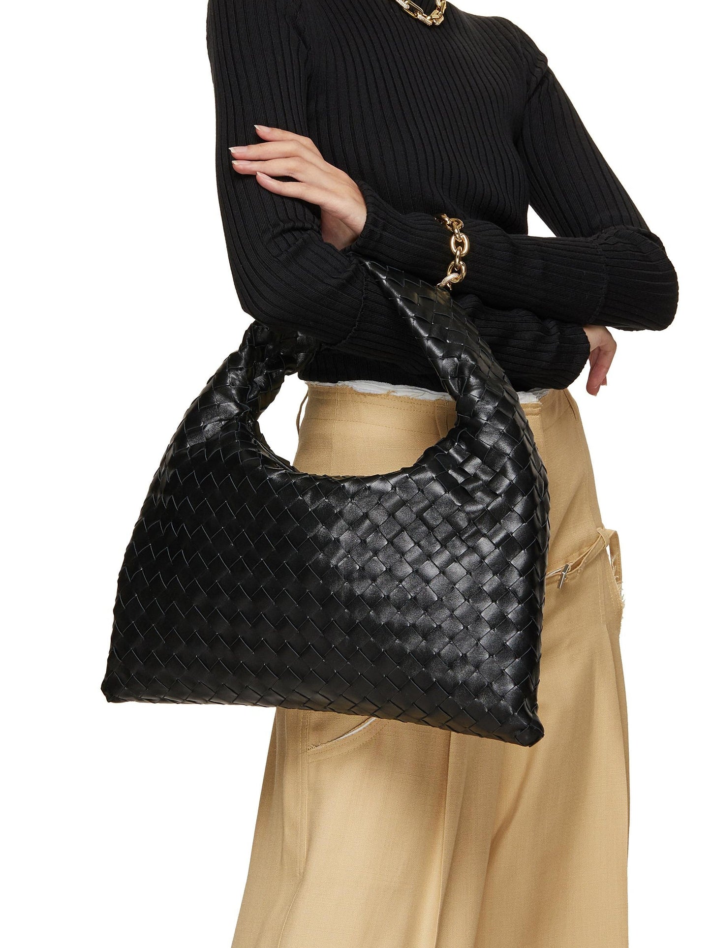 Woven Vegan Leather Shoulder Bag Chic Everyday Tote Handbag