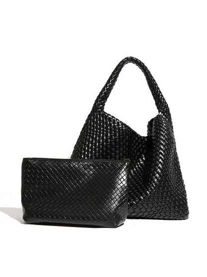 Woven Vegan Leather Shoulder Bag Chic Everyday Tote Handbag
